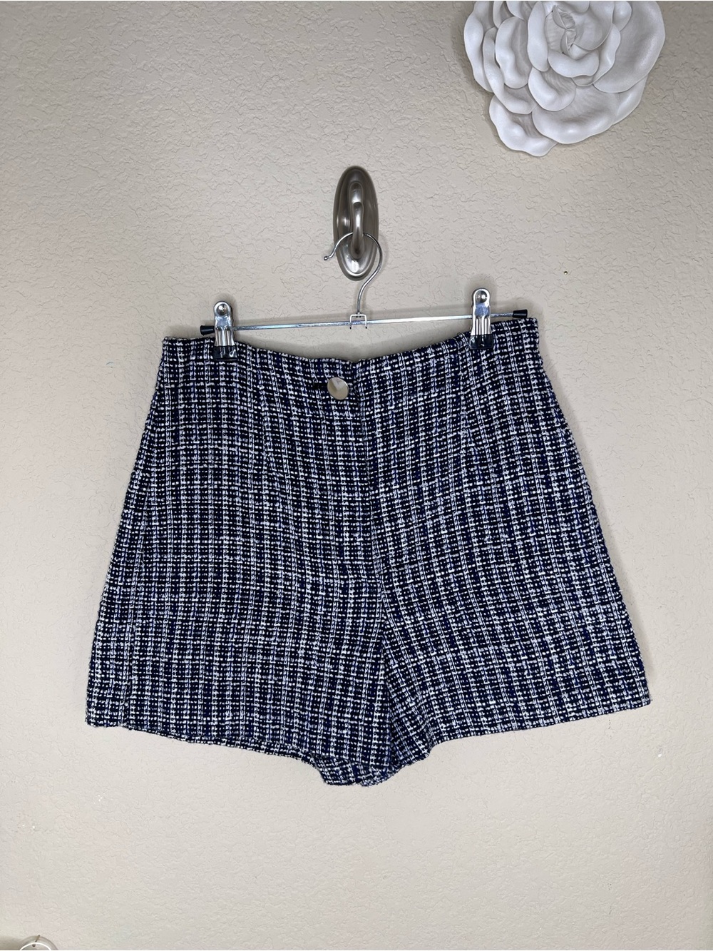 NTM: Zara Navy White Textured Tweed High-Waisted Tailored Shorts Size S